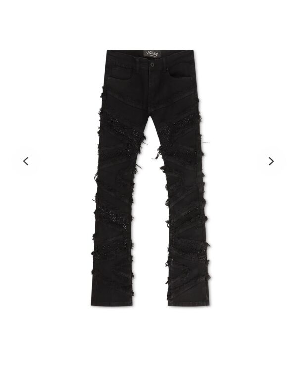 VICIOUS DENIM CARGO SHREDDED RHINESTONE STACKED JEANS - BLACK