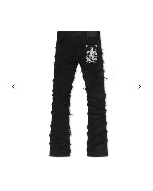 VICIOUS DENIM CARGO SHREDDED RHINESTONE STACKED JEANS - BLACK